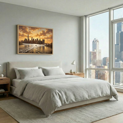 Ensemble de 1 tableau sur toile représentant un coucher de soleil sur la ville