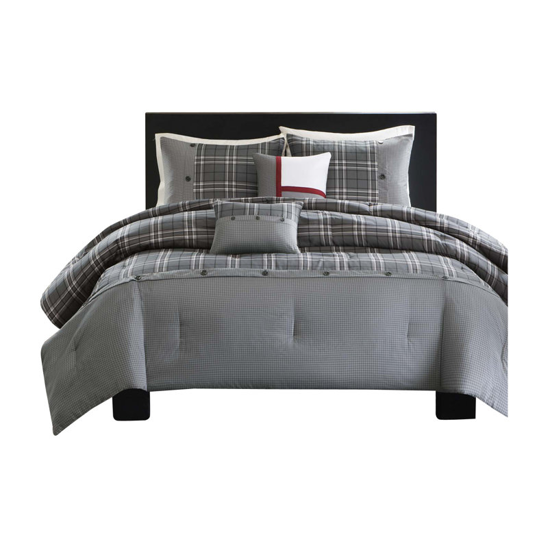 Ensemble d'édredon traditionnel à motif écossais avec de détails de bouton, Simple / Simple TG, Gris