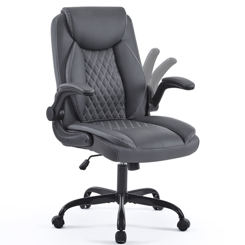 Chaise de bureau ergonomique en cuir - Chaise de bureau pivotante avec accoudoirs rabattables et support pour le dos, Gris