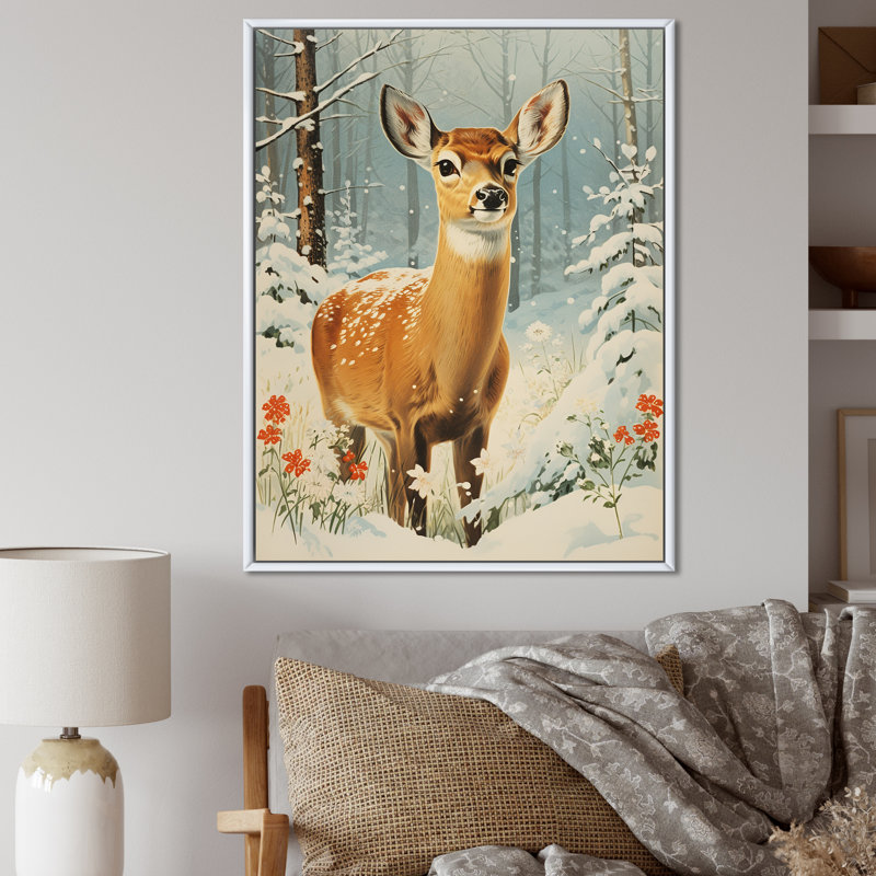 «Brown Deer Winter Adventure II - Deer Animal», art mural, Cadre flottant blanc, 40" H x 30" W