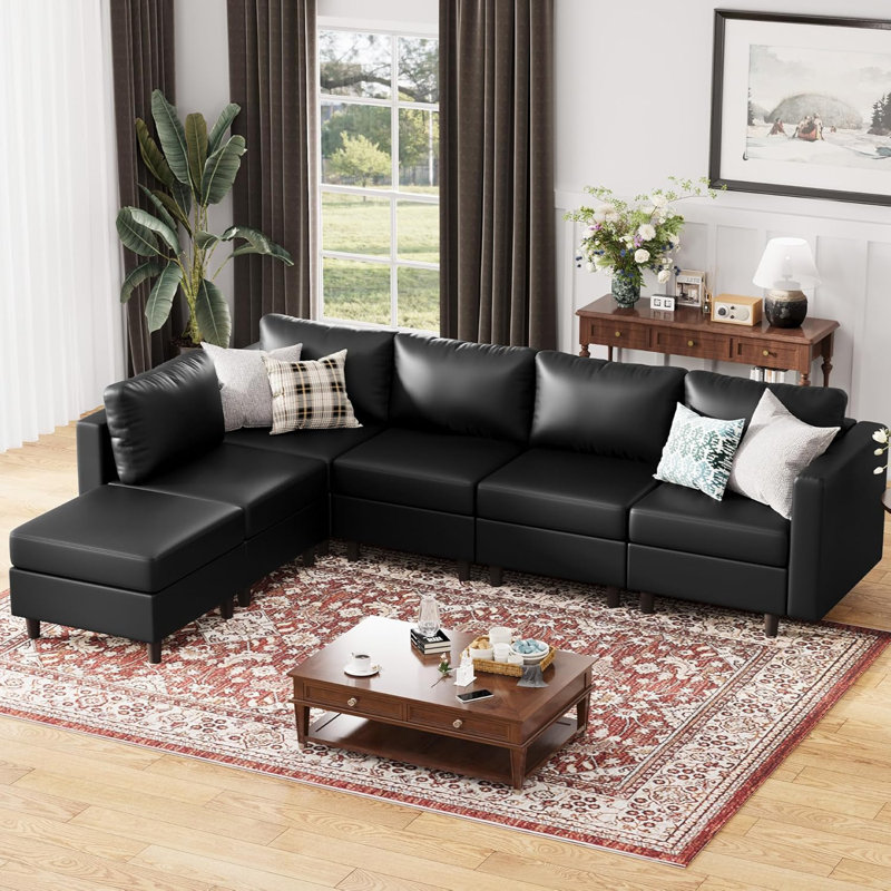 6-Piece 118.5'' Reversible Modern L-Shape Corner Sectional Sofa With Storage Seat- Faux Leather-Black, Black Faux Leather
