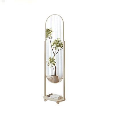 Cream Modern Full Body Mirror Freestanding Rotating With Storage Hooks And Base Tray