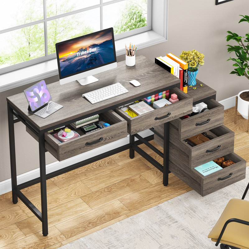 51''W Reversible Desk with Drawers, Gray/Black