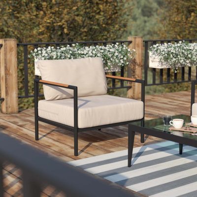 Annegriet Aluminum Frame Patio Chair with Teak Arm Accents and Plush Cushions