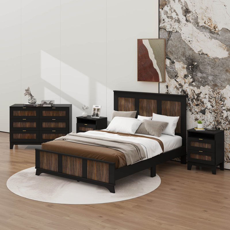 Ensemble de chambre à coucher 4 pièces, lit plateforme grand format avec autocollants en bois, table de chevet et commode avec poignée en métal