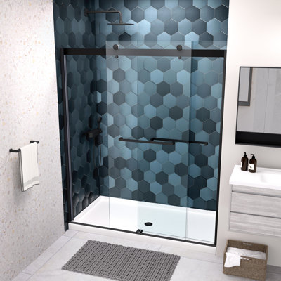 Porte de douche bypass - Verre trempé de 5/16 po, noir mat, facile à nettoyer, à fermeture en douceur, coulissante avec installation de film, fonction de fuite