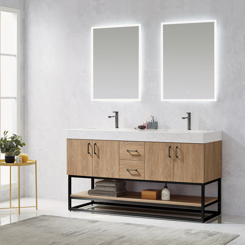 Ensemble de meuble-lavabo double 60 po avec miroir Alistair, Noir mat, Blanc, Chêne naturel
