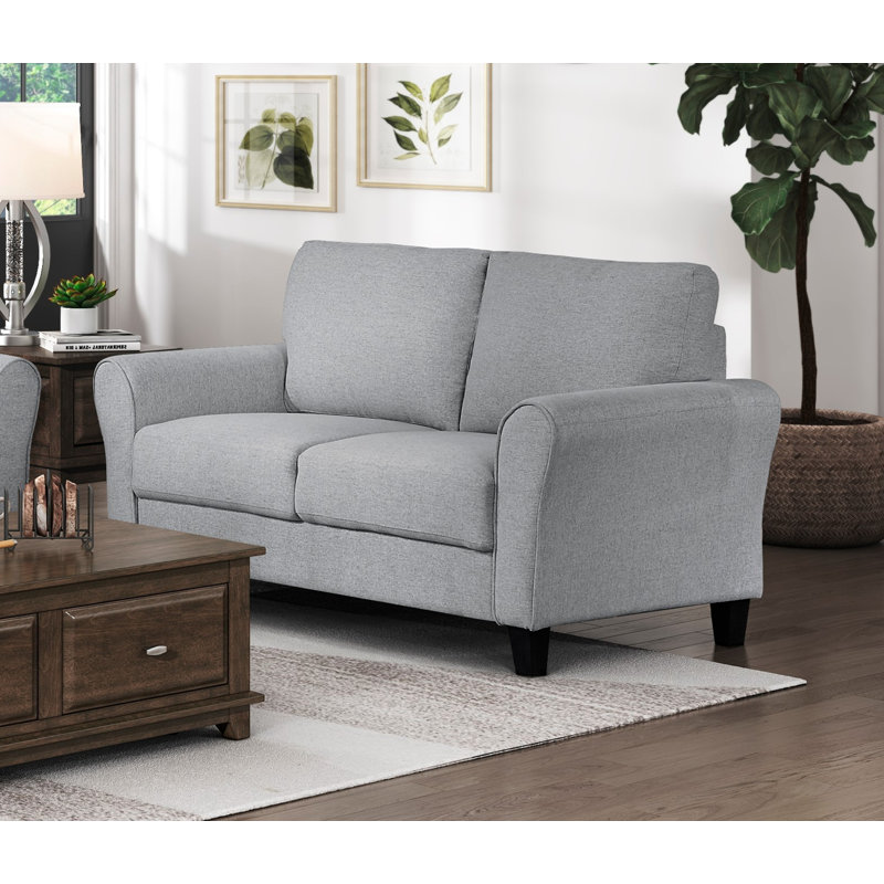 Causeuse moderne en tissu texturé gris foncé avec accoudoirs arrondis et coussins attachés, Gris foncé