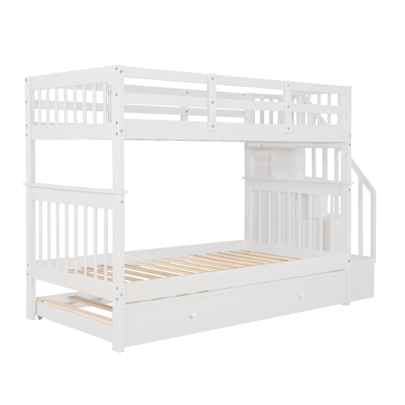Lit superposé standard en bois avec escalier et lit gigogne, Simple sur simple, Blanc