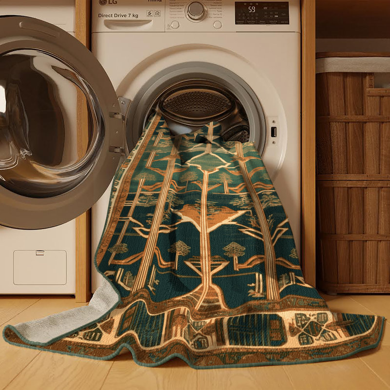 Machine Washable Art Deco Green Area Rug, Round 3'