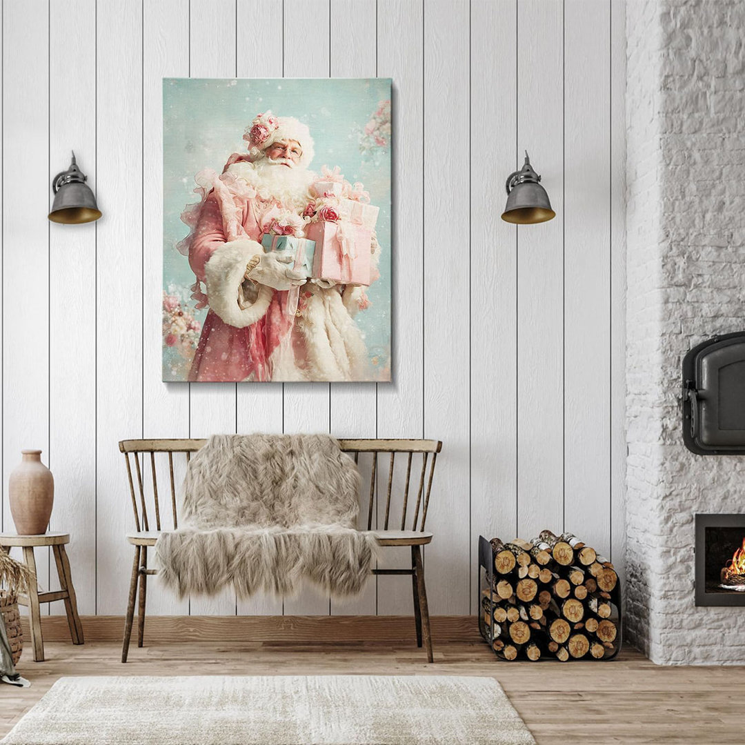 Pink Santa Christmas Canvas Wall Art - Elegant Winter Decor Framed Print For Girls Bedroom, Vintage Christmas Wall Art With Glitter Accents, Ready-To-