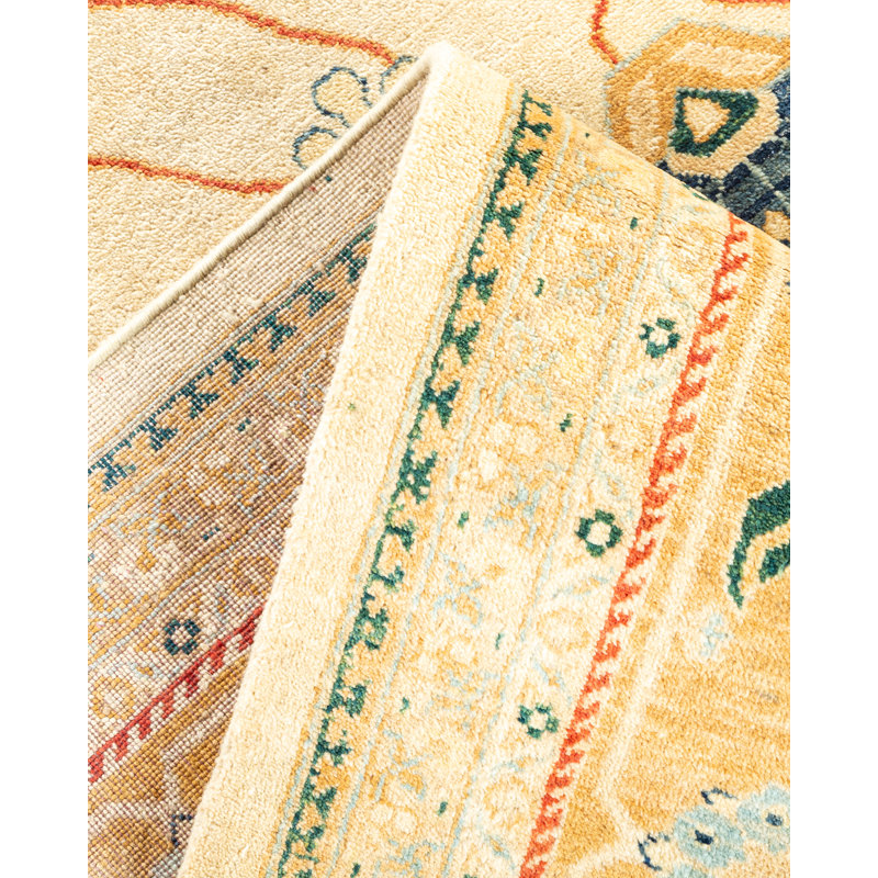 Tapis unique noué à la main ivoire / orange / vert Shirlane de 8 pi 1 po x 10 pi 3 po Shirlane