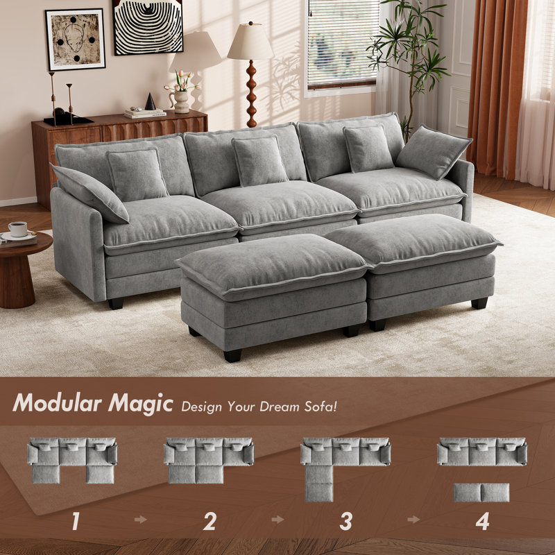 Canapé modulaire en U en chenille de 111,5 po avec 5 repose-pieds George, Gris chenille