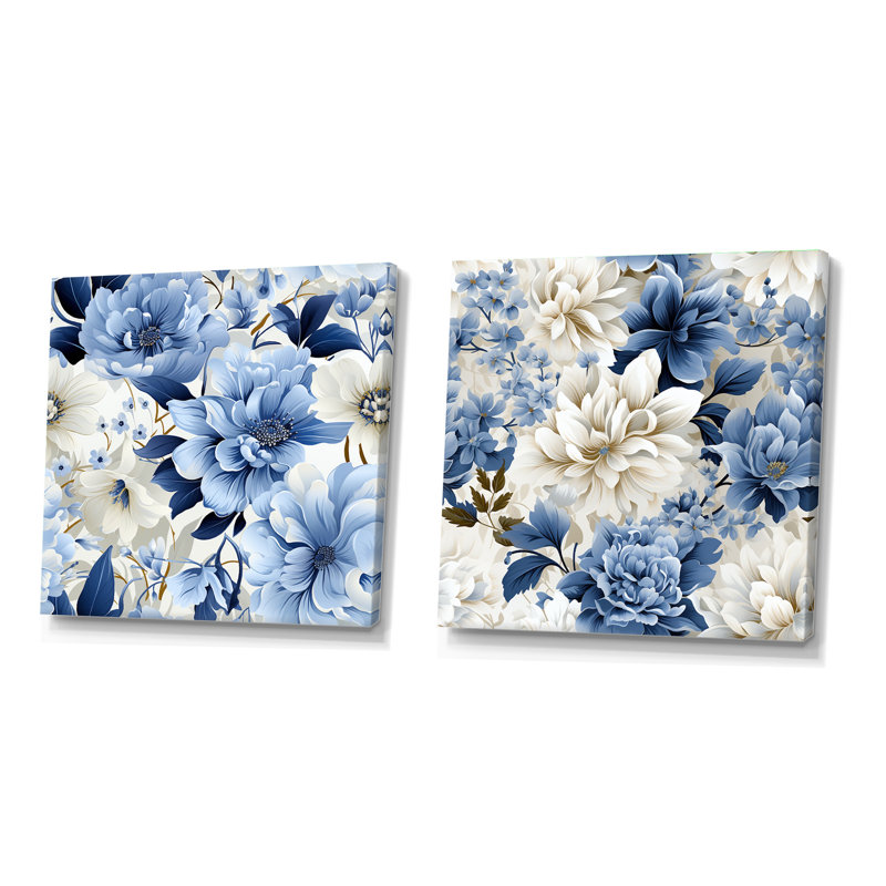 Motif floral victorien bleu et blanc - ensemble de 2 collages floraux carrés, Toile tendue, H 16 po x l 33 po