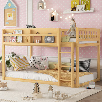 Low Twin Over Twin Bunk Bed, Floor Bunk Bed With Ladder, Solid Wood Twin Bunk Bed