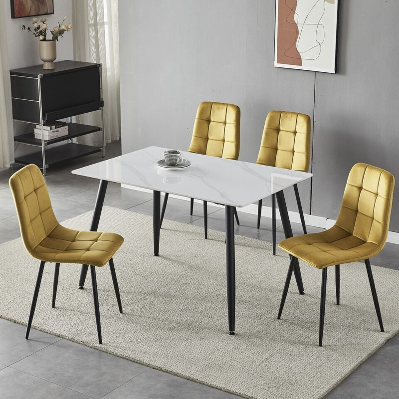 Fulshear 4 - Person Dining Set, 89"H x 128"L x 8"W, Yellow/Black, Gloss White