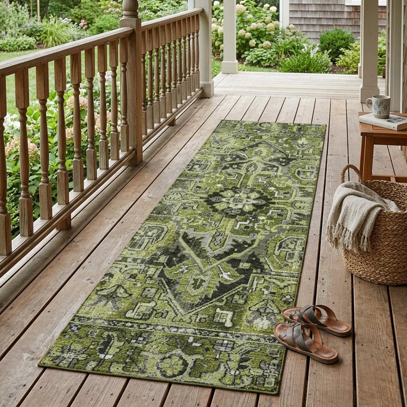 8' Runner Olive Green and Dark Green Oriental Washable Non Skid Indoor Outdoor Runner Rug