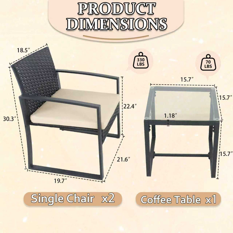 3-Piece Outdoor Rattan Furniture Set With 2 Padded Chairs, Tempered Glass Table For Patio, Porch, Yard, Garden All-Weather Seating- Patio Furniture Outdoor(Grey-Beige)