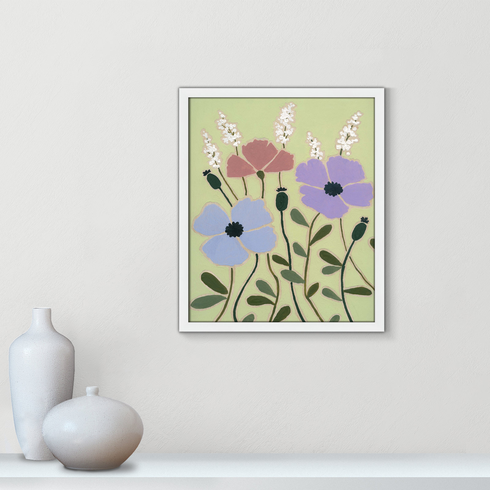 Maura "Woodblock Floral III" Print, 19" H x 16" W x 1.25" D, Satin White Framed