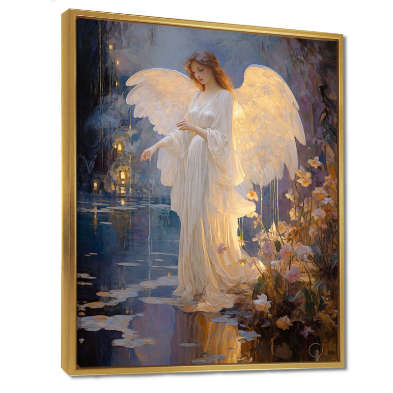 «Glorious Angel Magic Forest Night - Wings Angel», art mural, Cadre flottant doré, H 20 po x l 12 po