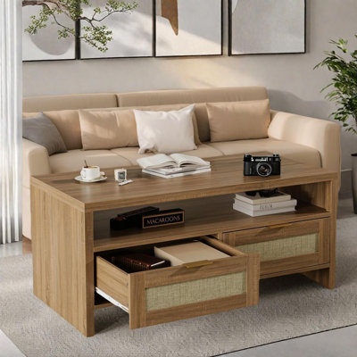 Table basse et console en rotin avec 2 tiroirs de rangement, tablette ouverte, table centrale en bois à 2 niveaux pour le salon