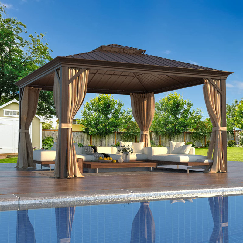 12' X 12' Hardtop Gazebo, Double Galvanized Steel Roof, Aluminum Frame With Netting And Curtains