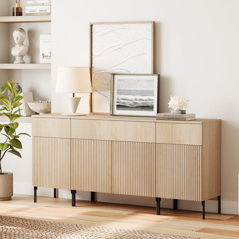 Ensemble d'armoires décoratives 63 po Reeded avec station de charge, armoire de rangement moderne avec portes et tiroirs pour le salon, la cuisine, la salle à manger, le couloir