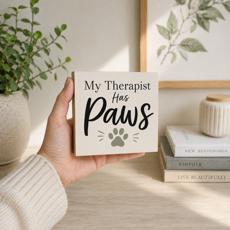 Plaque en bois « Mon thérapeute a des pattes » - Cadeau pour les amoureux des chiens et des chats