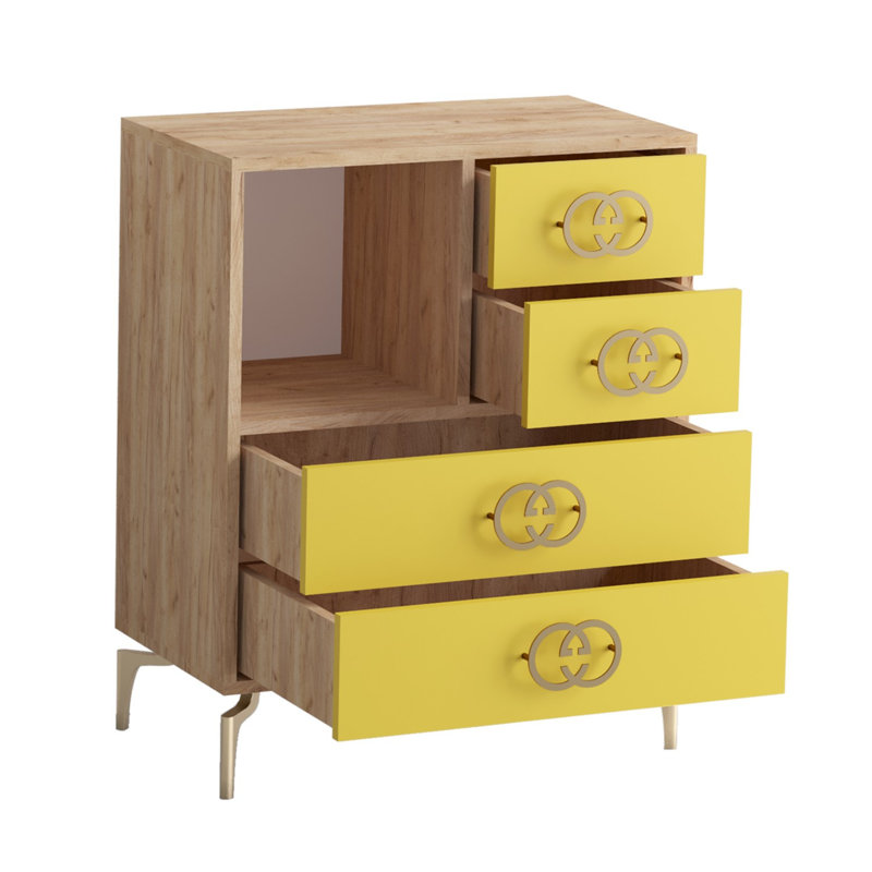 Commode décorative 4 tiroirs, Chêne / jaune