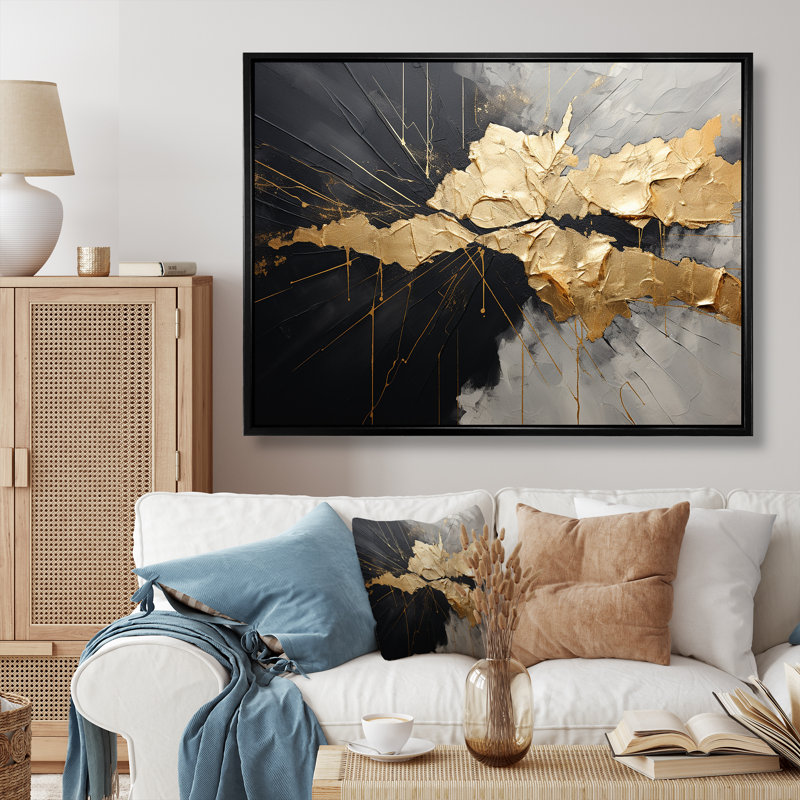 «Black and Gold Abstract Meditation I», art mural abstrait, H 16 po x l 32 po x P 1 po, Cadre flottant noir