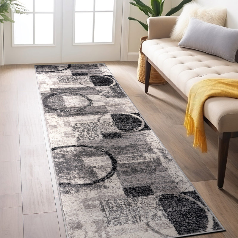 Bionda Geometric Area Rug in Cream/Black/Gray, Runner 2' x 7'2"