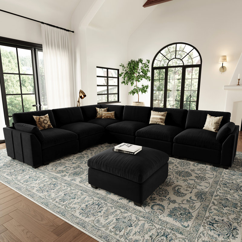 137.8" W U-Shaped Modular Sectional, Black Velvet