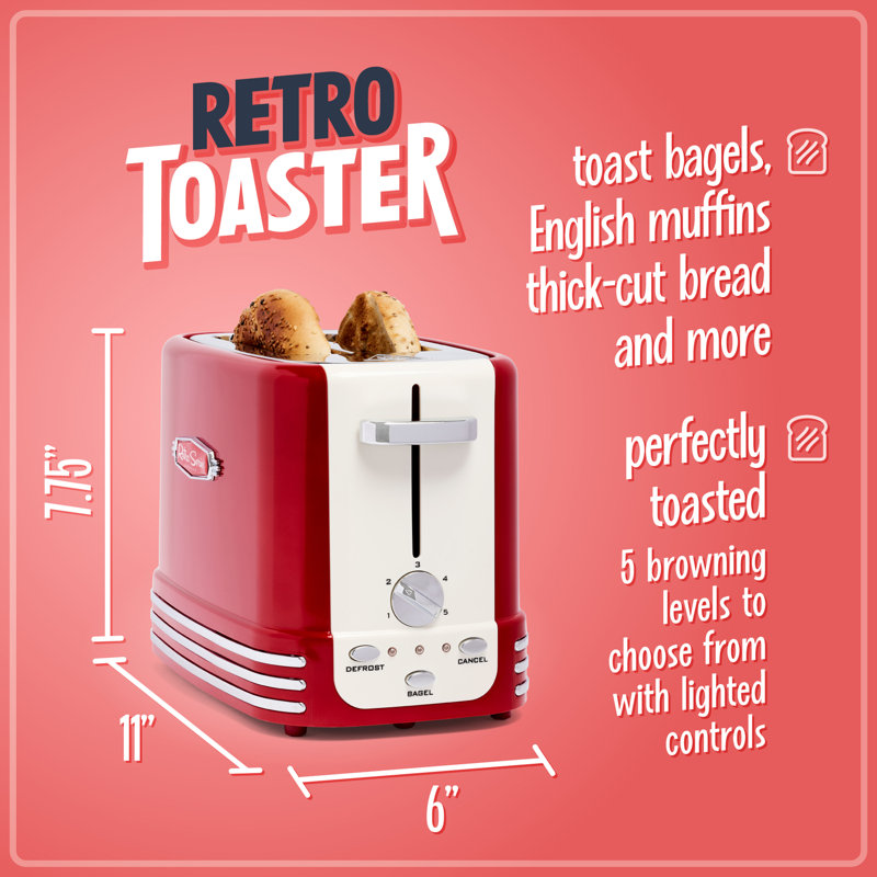 Nostalgia 2 Slice Toaster, Red