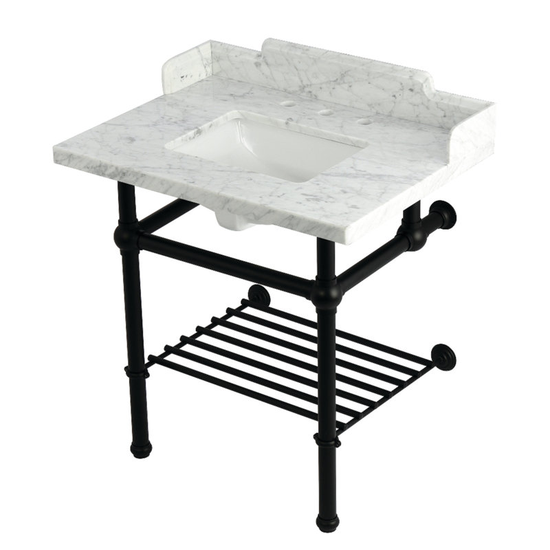 Kingston Brass Pemberton 30-Inch Carrara Marble Console Sink with Brass Legs and Shelf (8-Inch, 3-Hole)