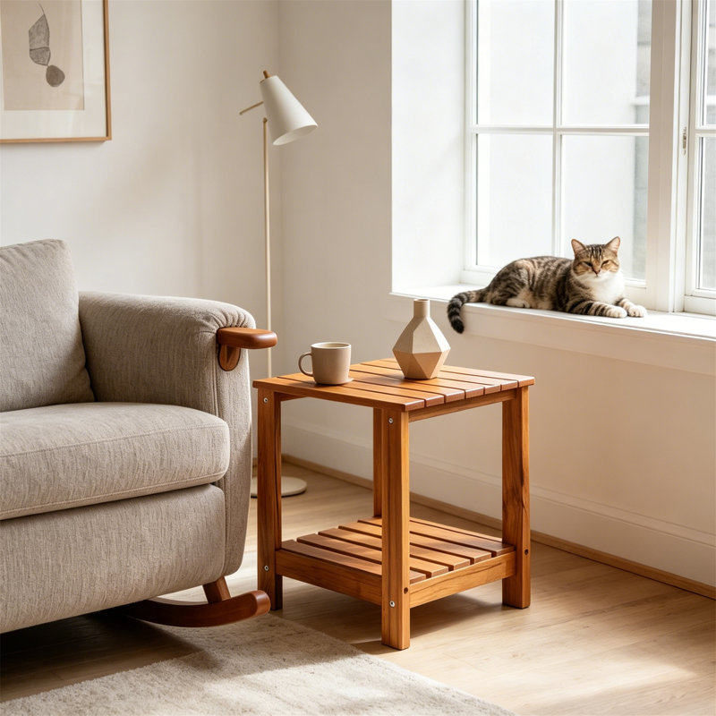 Table de bout d'extérieur en teck à 2 niveaux, table de bout de patio en bois