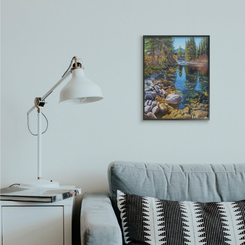 «Creek Landscape with Stones Pine Tree Forest» par Andrew Kiss - reproduction d'art, H 20 po x l 16 po