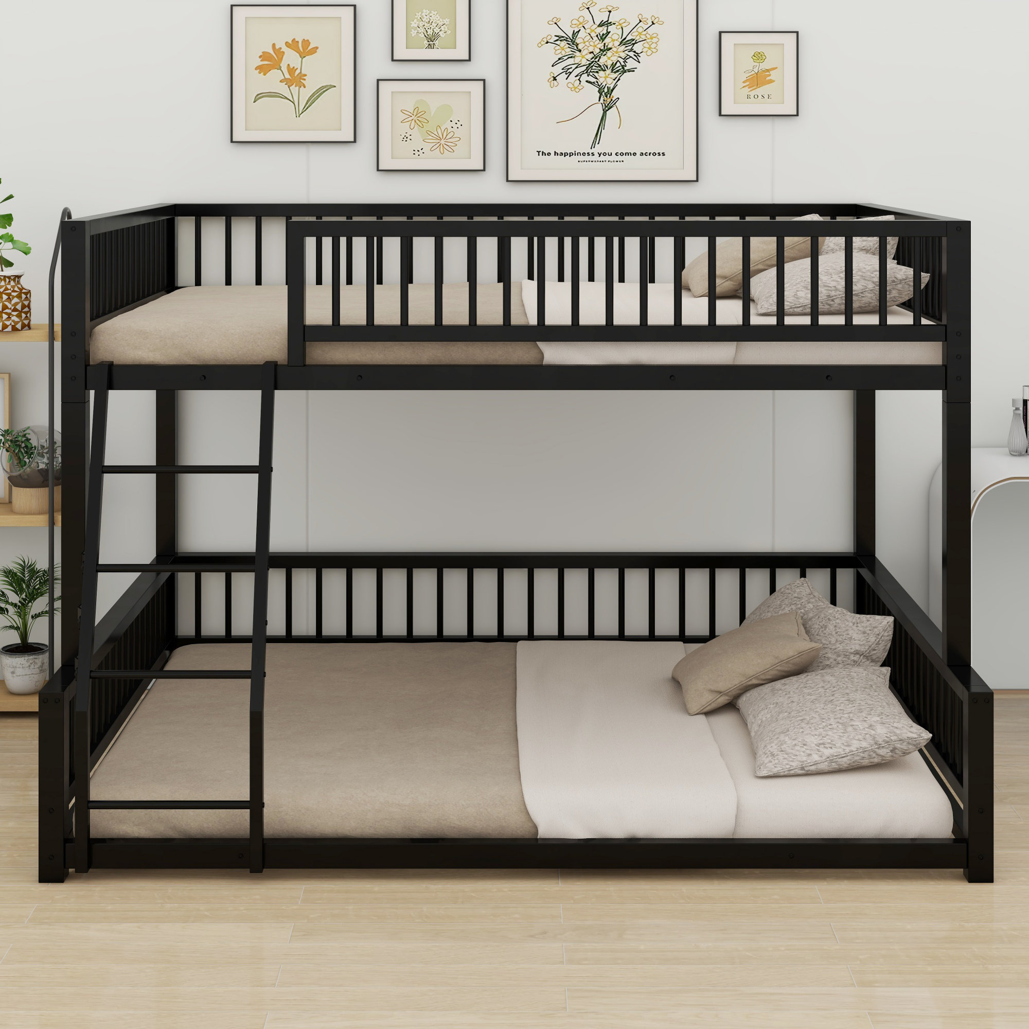 Harriet Bee Floor Bunk Bed Frame With Ladder And Safety Guardrails ...