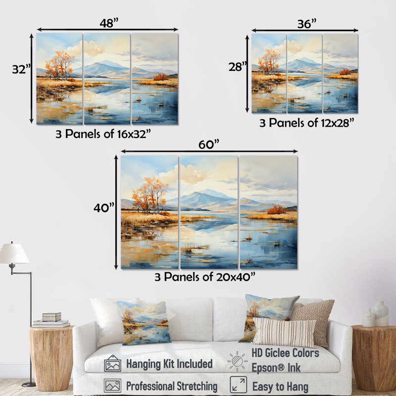 Lacs, rivières, minimalisme, ensemble d'art sur toile, Toile tendue, H 40 po x l 60 po x P 1 po