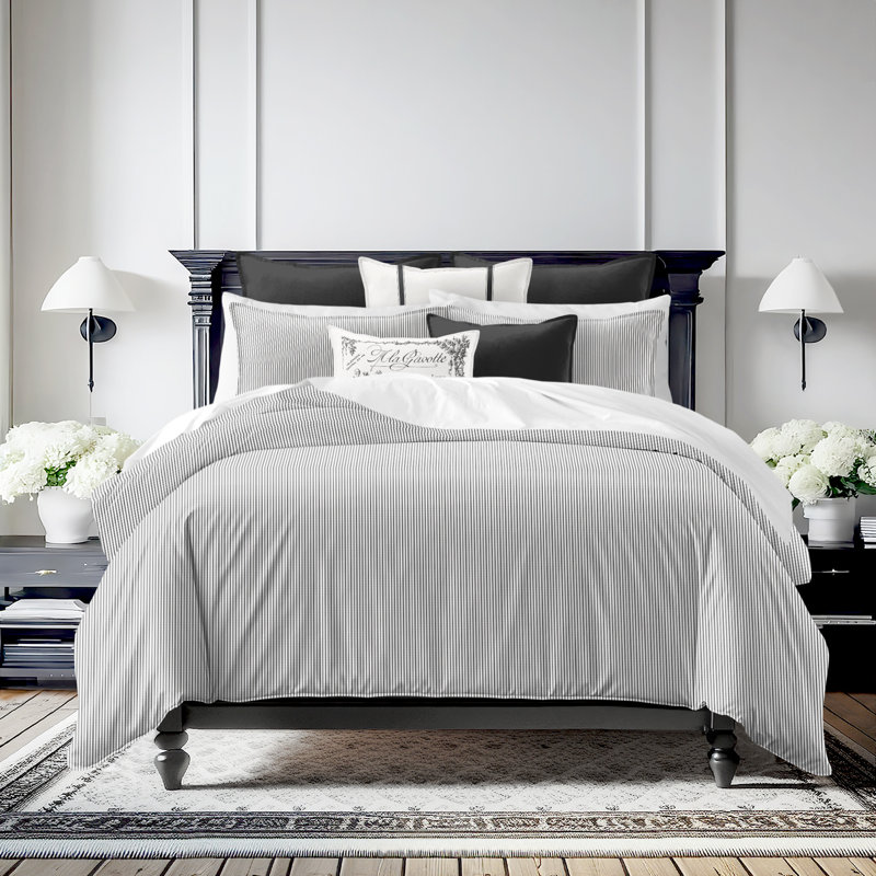 Jaxon Stripe Reversible Cotton Duvet Cover Set, Cal.King Duvet Cover + 2 King Shams, Ebony