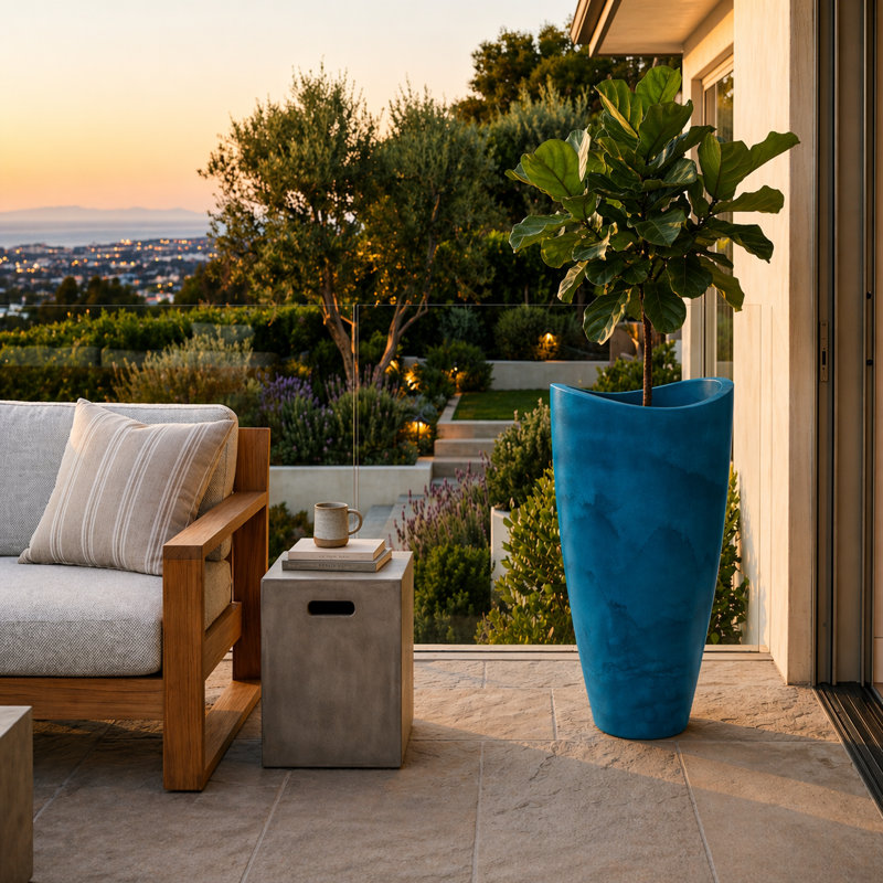 Vinisha ECOBO EcoFriendly Round Pot Planter, Onda IndoorOutdoor use, Four Season Use, Blue, 31.5" H x 15.7" W x 15.7" D