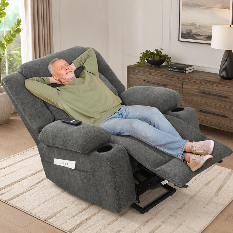 Fauteuil inclinable électrique avec repose-pieds allongé, porte-gobelets et télécommande, Dark Grey