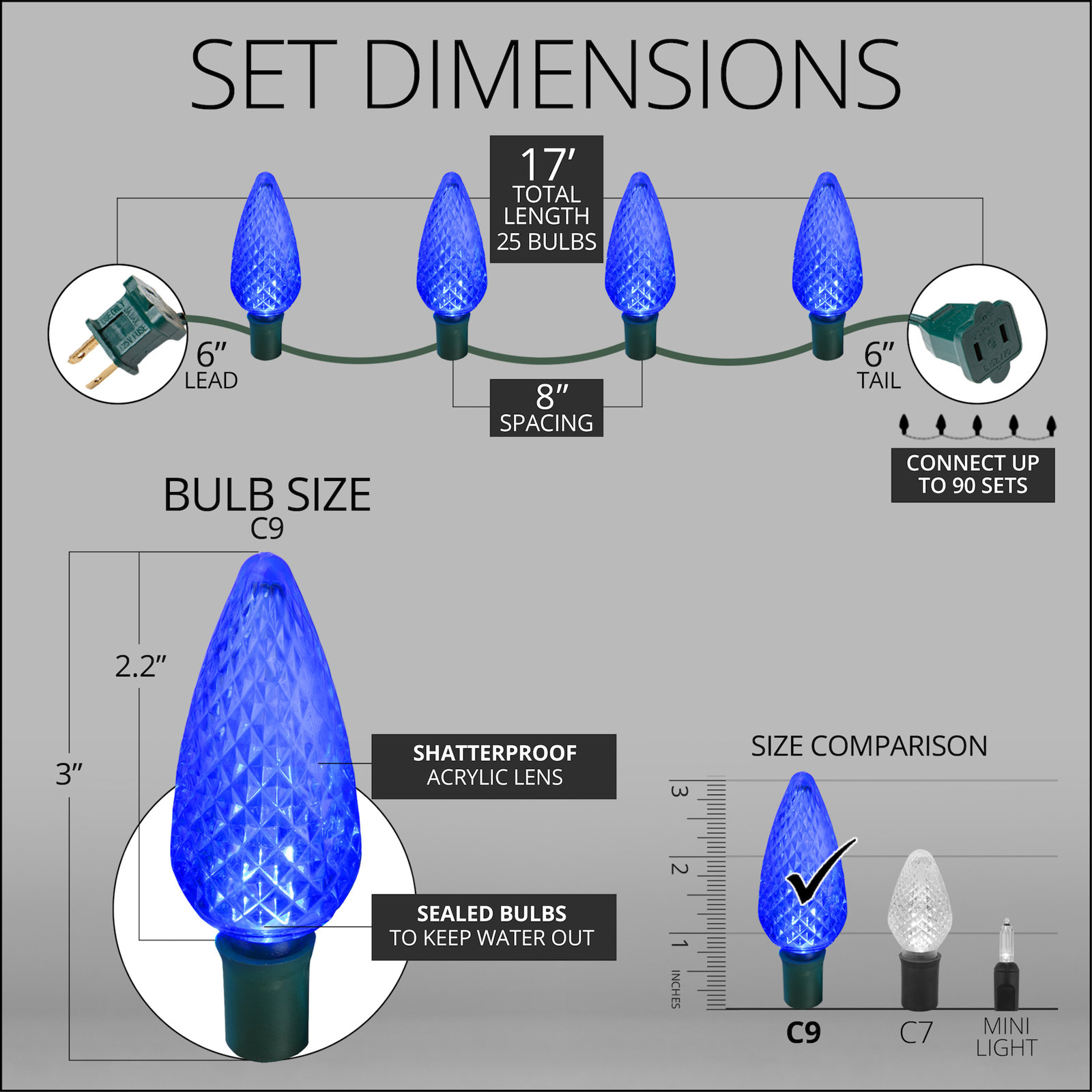 C9 LED Christmas String Lights, 17' L, Blue, 25