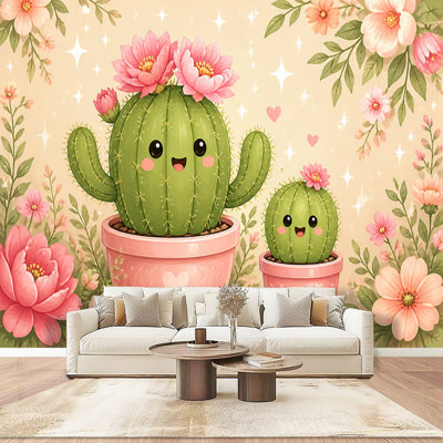 Papier peint mural autocollant Kawaii représentant un cactus mignon, des fleurs roses, des cœurs et des pots. Décoration murale moderne pour chambre ou salon. Dimensions : 254 cm (L) x 366 cm (l).
