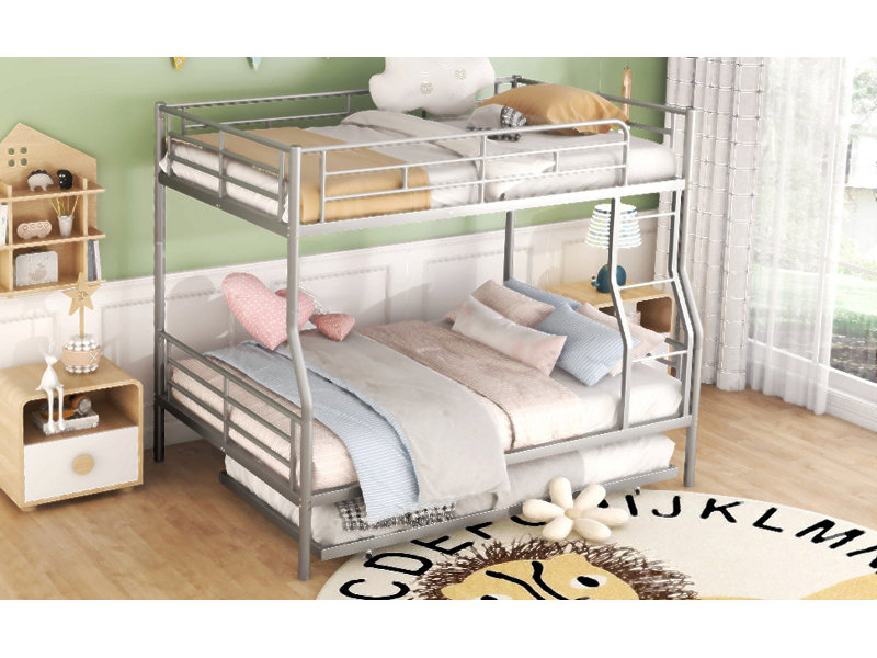 Lit superposé double au-dessus de grand lit double avec lit gigogne, Argent argent
