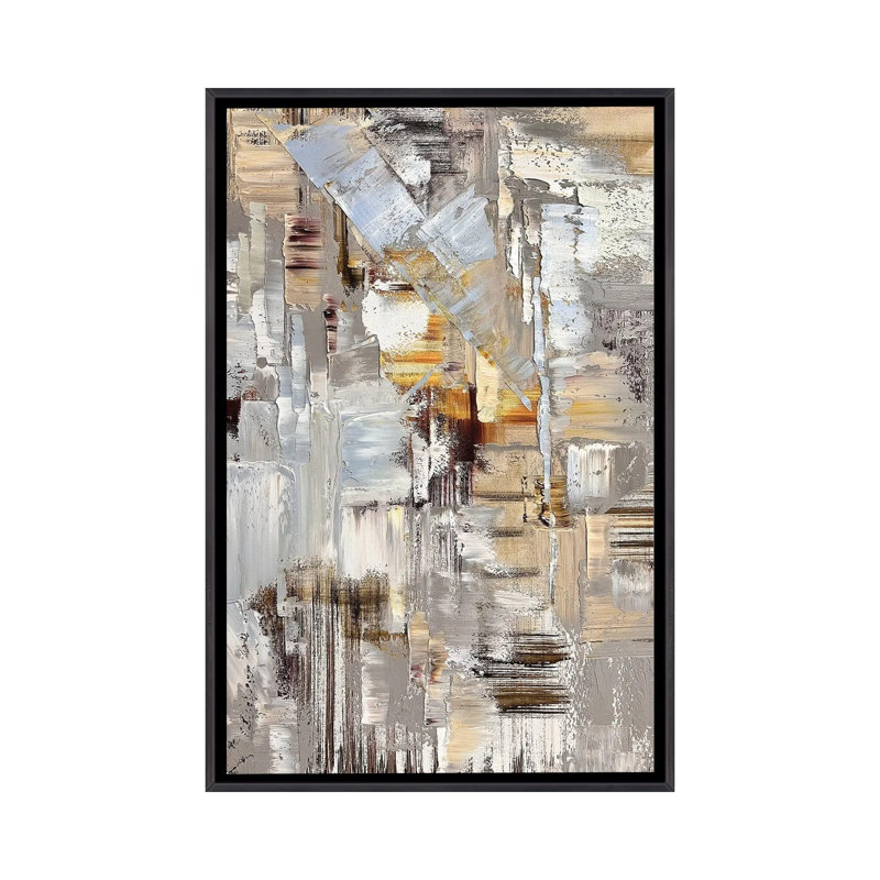 Bleu, beige, brun Art - reproduction d'art murale - toile encadrée, 60 po x 40 po, Toile avec cadre, Noir patiné