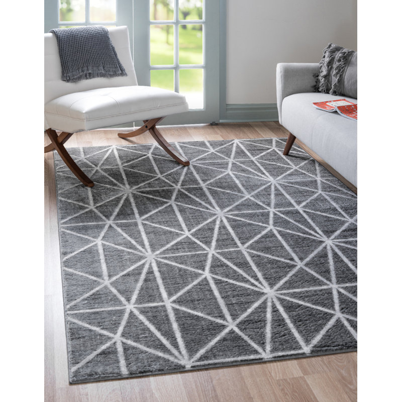Tapis géométrique gris foncé / ivoire Oceola, Rectangle 6 pi 1 po x 9 pi