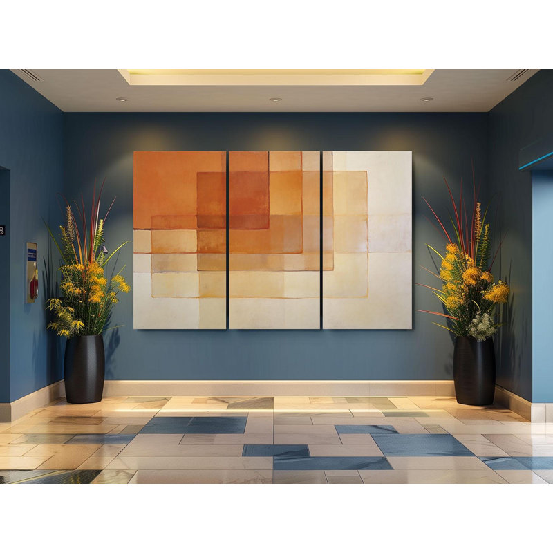 Reproduction d'art abstrait géométrique sur toile, art mural 3 panneaux terracotta - Mid Century Modern Square, triptyque de tons terreux, minimaliste Home Art, reproduction de peinture