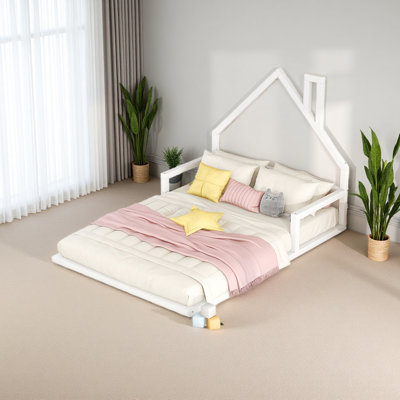 Full Size Wood Floor Bed With House-Shaped Headboard
