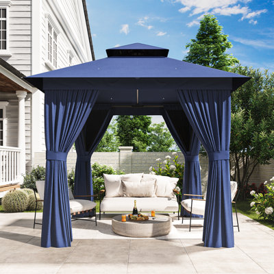 Gazebo extérieur de 2,4 m de large x 2,4 m de profondeur avec toit double, auvent spacieux avec moustiquaire et rideaux, pour terrasse, pelouse et jardin.