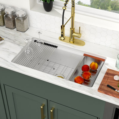33" L x 19" W Undermount Kitchen Sink White Ceramic Workstation Sink Undermount Single Bowl Ceramic Kitchen Sink